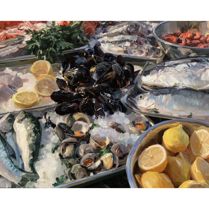 Chile seafood painting, coastal market art, Chile food decor, oil painting, fish market wall art, South America cuisine art, kitchen wall decor, Chilean culinary painting, coastal still life, restaurant art