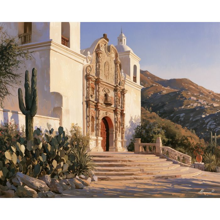 Sonora mission painting, Mexican state architecture, historic church art, oil painting, northern Mexico heritage, desert mission decor, Sonora wall art, cultural architecture, regional landscape, state heritage