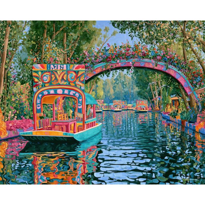 xochimilco painting, trajinera art, mexican culture decor, colorful boat painting, mexican canal art, oil painting, traditional mexican wall art, flower boat decor, cultural landscape, mexico city art