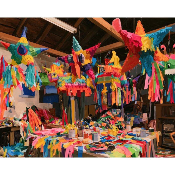 pinata painting, mexican craft art, traditional mexican culture, colorful workshop painting, oil painting, mexican party decor art, paper craft wall art, cultural heritage painting, festive mexican decor, artisan workshop art