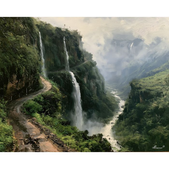 Banos Ecuador painting, waterfall road art, Ecuador landscape, oil painting, Andean jungle decor, South America scenery, cliff road painting, travel wall art, Ecuador nature art, mountain waterfall decor