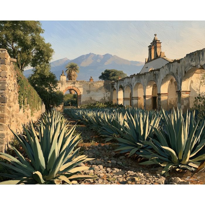 Tlaxcala painting, maguey field art, Mexican state decor, hacienda landscape, oil painting, Tlaxcala wall art, rural Mexico scenery, agave painting, cultural landscape, regional heritage art