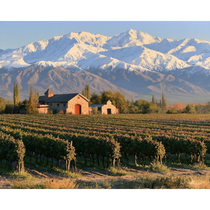 Mendoza painting, Argentina vineyard art, Andes wine country, oil painting, Argentine wall decor, vineyard landscape, South America wine art, mountain vineyard decor, travel painting, Argentina scenery