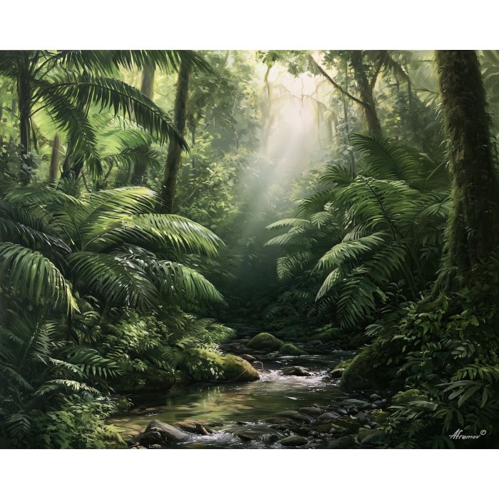 El Yunque painting, Puerto Rico rainforest art, tropical jungle decor, oil painting, Caribbean nature painting, Puerto Rican wall art, rainforest stream decor, botanical landscape, travel wall art, green nature art