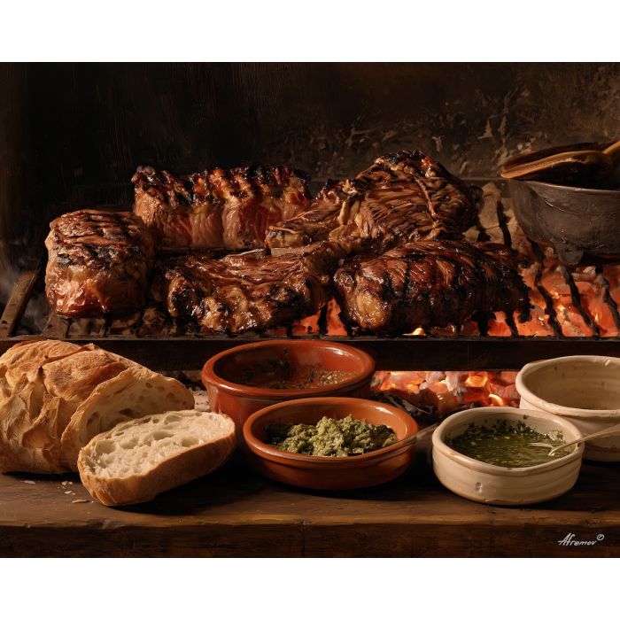 Uruguay asado painting, Uruguayan food art, parrilla wall decor, oil painting, South America cuisine art, grill still life, cultural food painting, restaurant wall art, Uruguay kitchen decor, barbecue art
