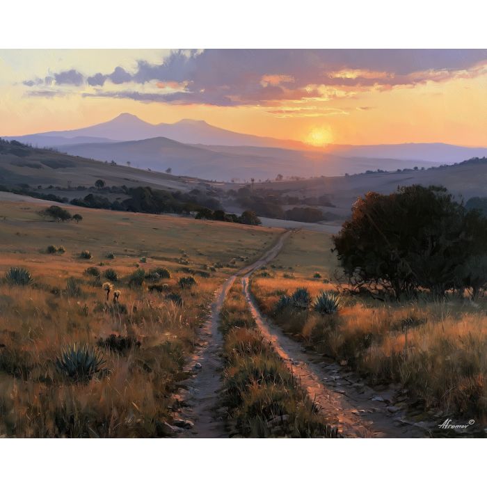 Mexican highland painting, Mexico sunrise art, agave landscape, oil painting, Mexican countryside decor, volcano scenery, cultural landscape, golden hour painting, Mexico wall art, rural landscape