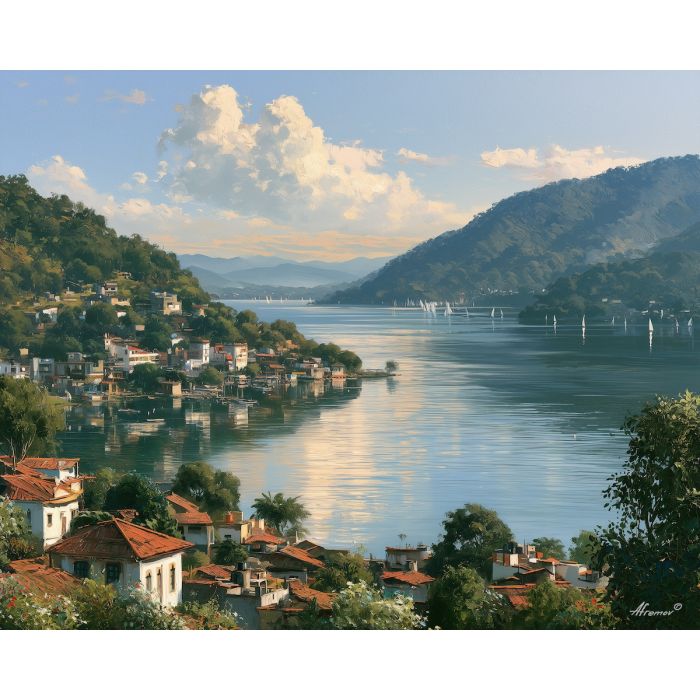 Valle de Bravo painting, State of Mexico art, Mexican state landscape, lake town painting, oil painting, Estado de Mexico wall art, mountain lake decor, regional scenery, cultural landscape, Mexico travel art