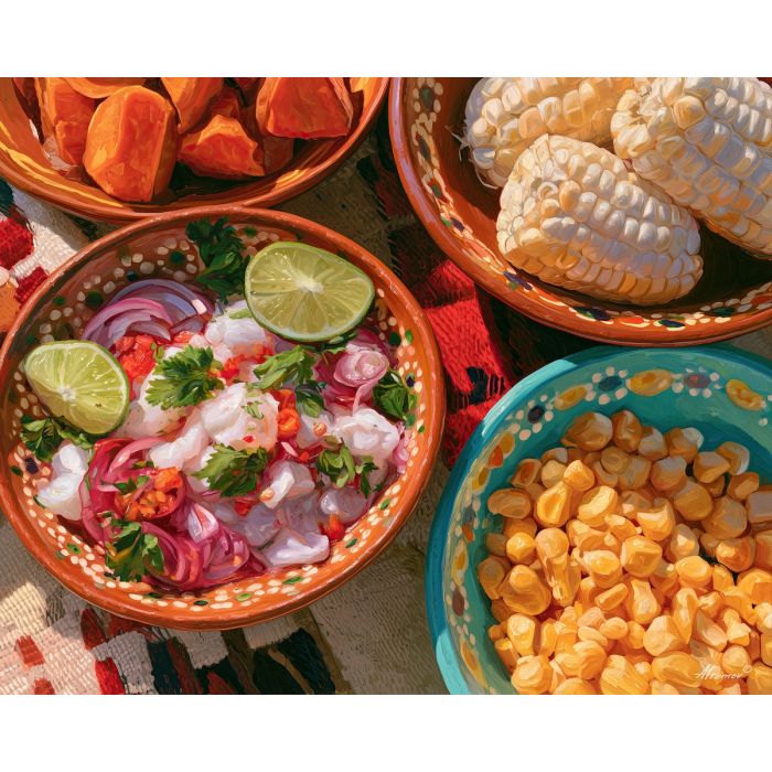 Peru ceviche painting, Peruvian food art, kitchen wall decor, oil painting, South America cuisine art, seafood still life, cultural food painting, restaurant decor, Peru kitchen art, traditional dish art