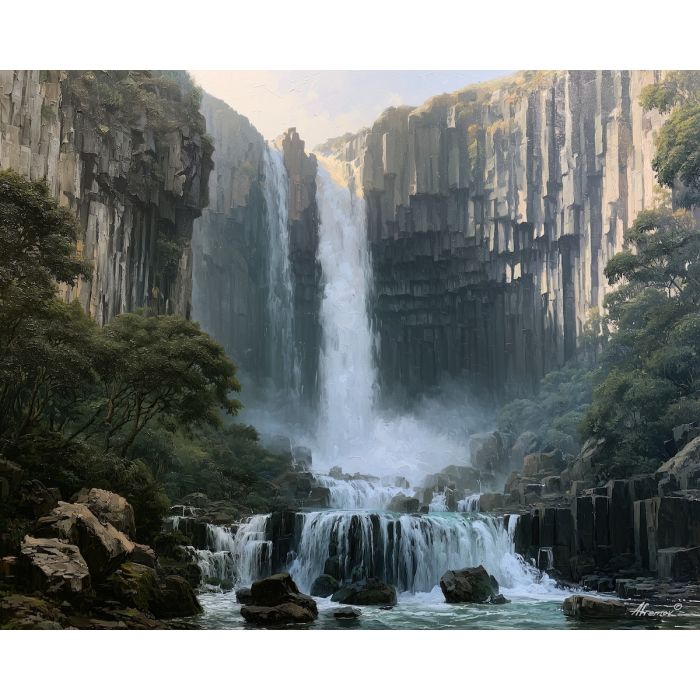 Hidalgo painting, basaltic prisms art, Mexican states landscape, waterfall oil painting, Hidalgo wall art, natural Mexico decor, basalt columns painting, cultural landscape, Mexico nature art, regional decor