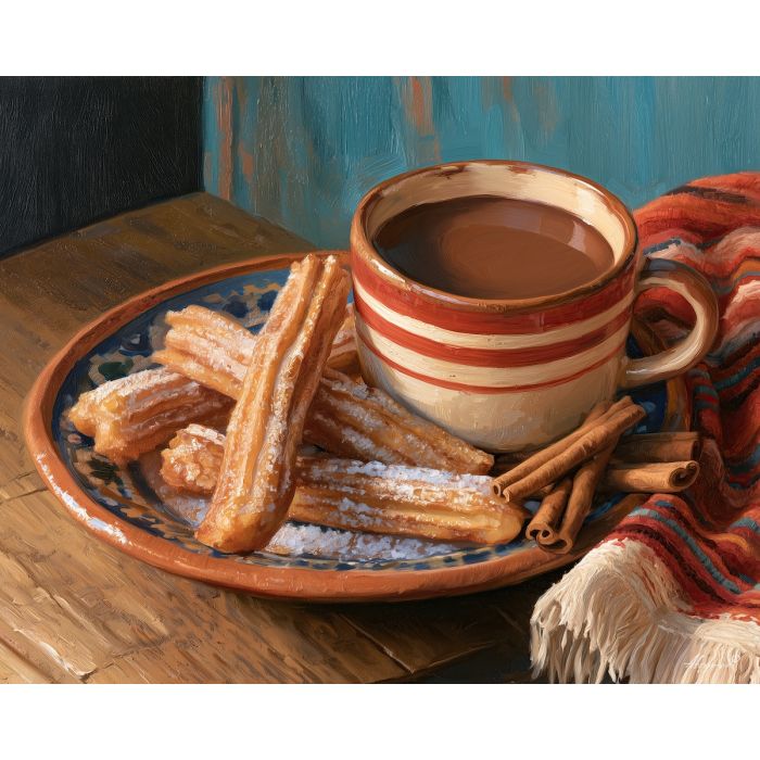 Spanish churros painting, Spain food art, cafe wall decor, Afremov style oil painting, hot chocolate art, dessert still life, Spanish kitchen decor, restaurant wall art, cultural food painting, colorful cafe art