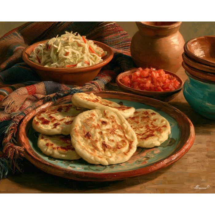 pupusa painting, Salvadoran food art, El Salvador kitchen decor, oil painting, Central America cuisine art, traditional food still life, restaurant wall decor, curtido painting, cultural food art, Salvadoran wall art