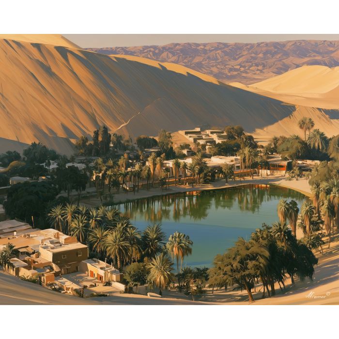Huacachina painting, Peru desert art, oasis wall decor, oil painting, Peruvian landscape, South America travel art, sand dune painting, tropical oasis decor, Peru scenery, desert wall art