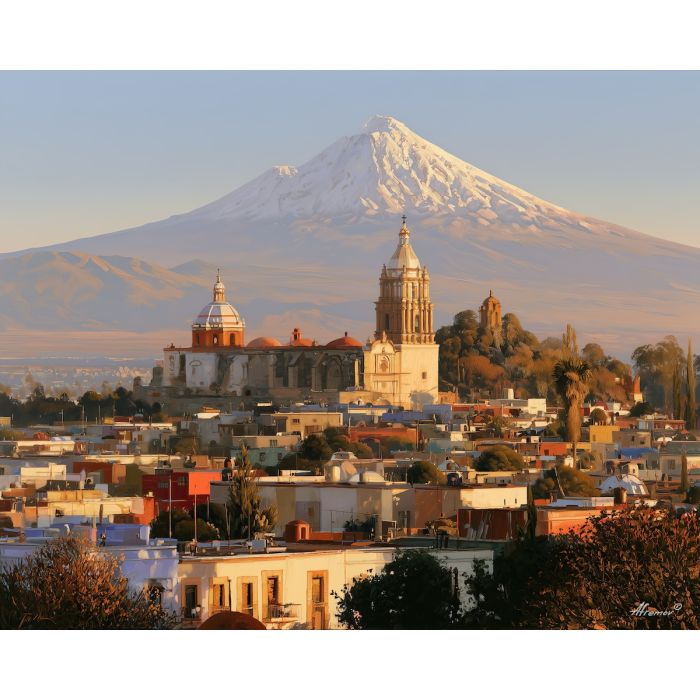 Cholula painting, Puebla state art, Mexican town landscape, oil painting, Popocatepetl wall art, Puebla decor, cultural architecture, regional heritage painting, Mexico cityscape, state landscape