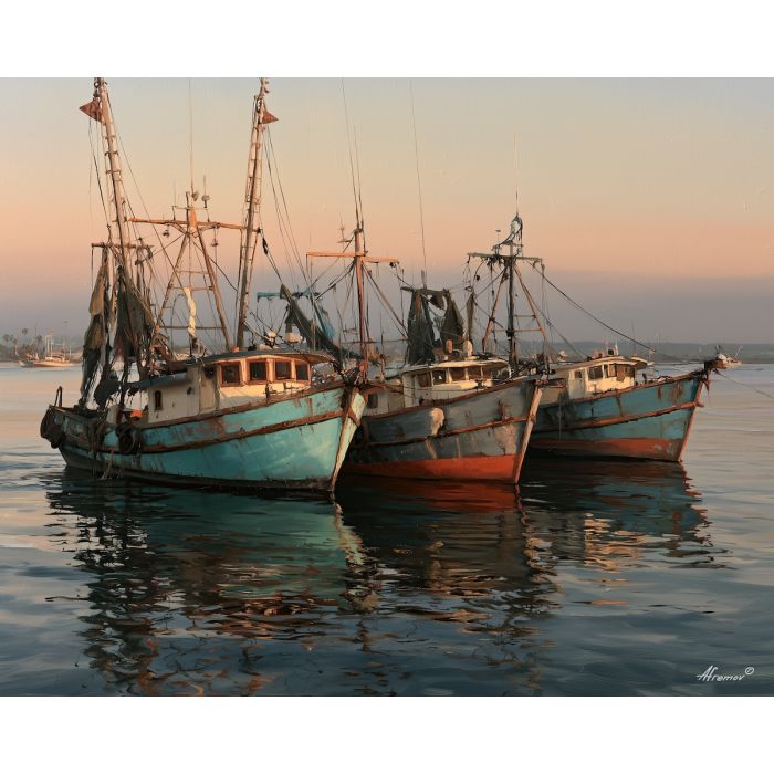 Sinaloa fishing boats, Mexican state art, Pacific Mexico painting, shrimp boat art, oil painting, Sinaloa coast decor, fishing wall art, maritime Mexico decor, regional landscape, harbor painting