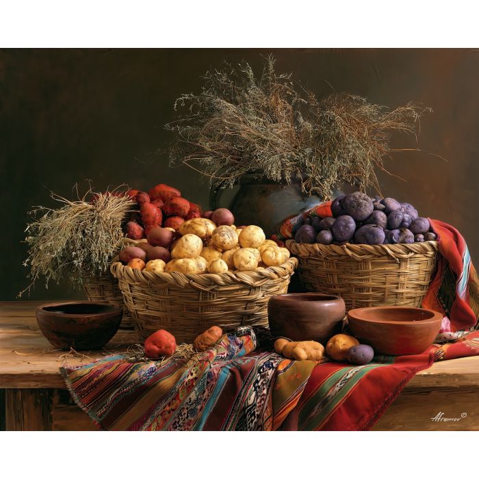 Peru potato painting, Andean food art, Peruvian agriculture decor, oil painting, native potato still life, South America kitchen art, harvest painting, cultural food decor, Peru wall art, rustic still life