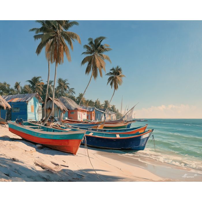Colombia coast painting, Caribbean fishing village, Colombian wall art, oil painting, tropical boat decor, South America coastal art, colorful village painting, beach wall decor, Colombia scenery, travel painting