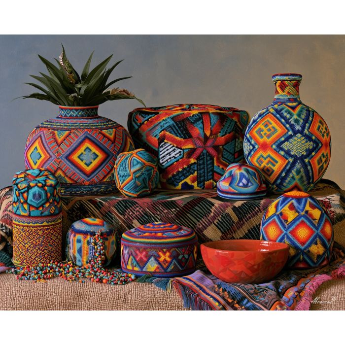 Nayarit beadwork art, Wixarika inspired painting, Mexican state craft art, colorful bead decor, oil painting, western Mexico culture, artisan wall art, cultural still life, beadwork painting, regional decor