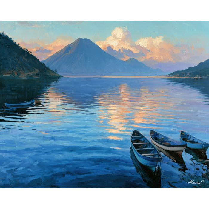 Lake Ilopango painting, El Salvador lake art, Salvadoran landscape decor, oil painting, volcanic lake wall art, Central America scenery, sunset lake painting, travel wall decor, cultural landscape, El Salvador art