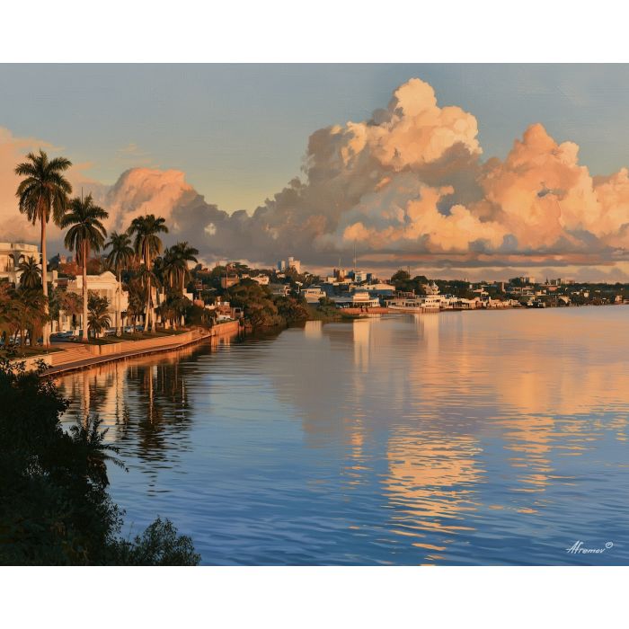 Encarnacion painting, Paraguay riverfront art, Paraguayan cityscape decor, oil painting, South America travel art, waterfront painting, cultural city landscape, Paraguay wall decor, river city art, evening cityscape