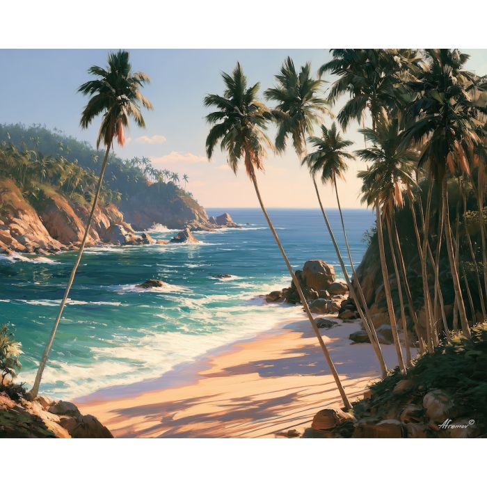 Guerrero beach painting, Mexican state art, Pacific Mexico decor, tropical beach oil painting, coastal Guerrero wall art, palm beach art, regional landscape, Mexico ocean painting, cultural scenery, state decor