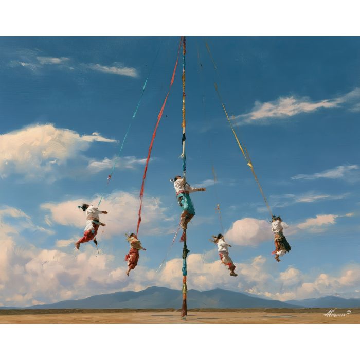 voladores painting, mexican tradition art, cultural ceremony painting, traditional mexican culture, oil painting, heritage wall art, mexican folk ritual art, colorful ceremonial decor, cultural landscape, mexico tradition painting