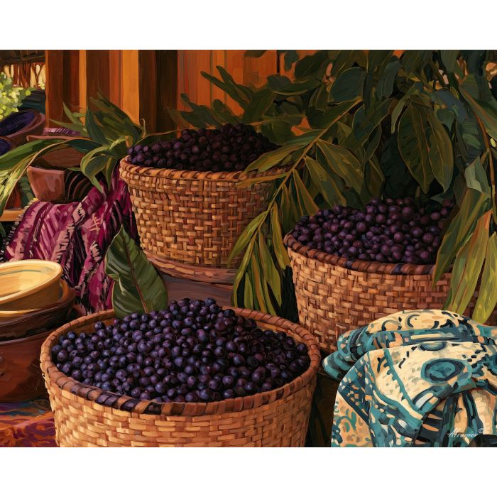 acai painting, Brazilian market art, Brazil food decor, oil painting, tropical berry still life, South America kitchen art, market basket painting, Brazilian culture decor, purple fruit art, cultural still life