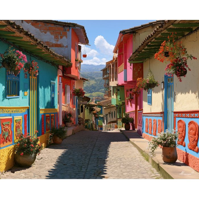 Guatape painting, Colombia colorful street, Colombian architecture art, oil painting, South America wall decor, bright town painting, travel wall art, Colombia culture decor, colorful facade art, village painting