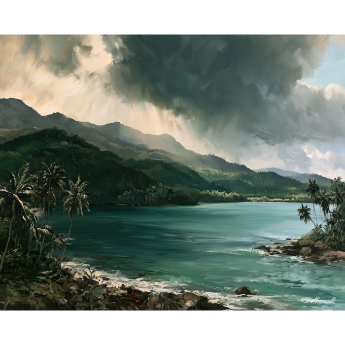 Baracoa painting, Cuba tropical coast, Cuban landscape art, oil painting, Caribbean mountain beach, Cuba wall decor, rainforest coast painting, travel wall art, tropical seascape, nature landscape