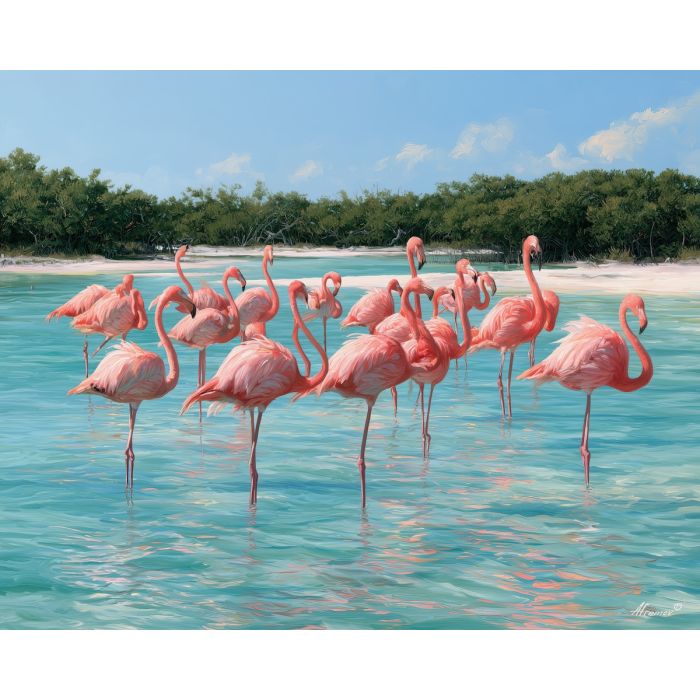 Yucatan flamingo painting, Mexican state wildlife, tropical lagoon art, oil painting, pink flamingo wall art, Yucatan nature decor, regional landscape, coastal Mexico painting, cultural scenery, state wall art