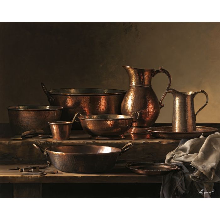 hammered copper art, mexican craft painting, copper cookware decor, traditional mexican culture, oil painting, artisan metalwork art, mexican heritage wall decor, metallic still life, cultural craft painting, copper vessel art