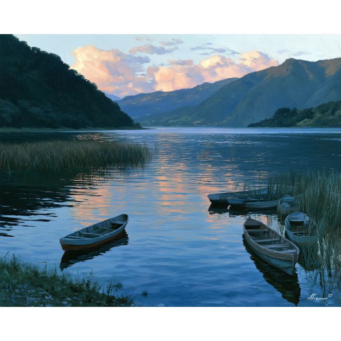 Lake Yojoa painting, Honduras lake art, Honduran landscape decor, oil painting, Central America scenery, mountain lake wall art, fishing boat painting, travel decor, Honduras nature art, sunset lake painting