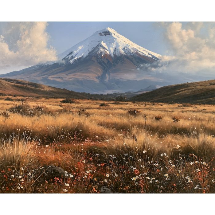 Ecuador landscape art, Cotopaxi painting, Ecuadorian wall decor, volcano oil painting, Andes landscape, South America scenery, mountain wall art, Ecuador travel decor, highland painting, nature art
