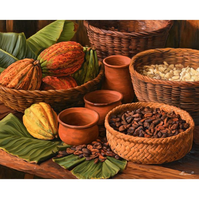 Honduras cacao painting, cocoa pod art, Honduran food decor, oil painting, Central America agriculture, cultural still life, chocolate heritage art, tropical kitchen decor, Honduras wall art, cacao harvest painting