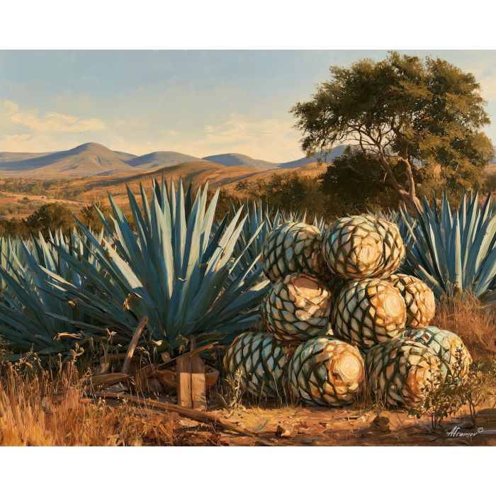 agave painting, mexican culture art, agave field decor, traditional mexican agriculture, oil painting, blue agave wall art, mexican countryside painting, rural heritage art, cultural landscape, agave harvest art