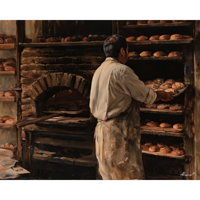 mexican baker painting, panadero art, pan dulce bakery, mexican culture decor, traditional bakery painting, oil painting, culinary heritage art, rustic bakery wall art, mexican food culture, artisan baker decor