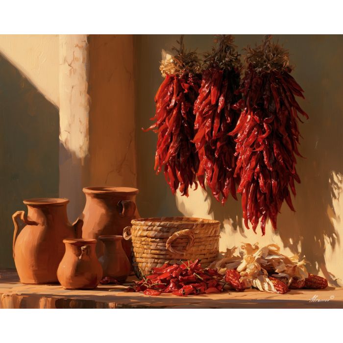 dried chile painting, mexican kitchen art, traditional mexican culture, oil painting, red pepper wall art, adobe decor, mexican culinary art, rustic still life, chile wall decor, cultural kitchen painting