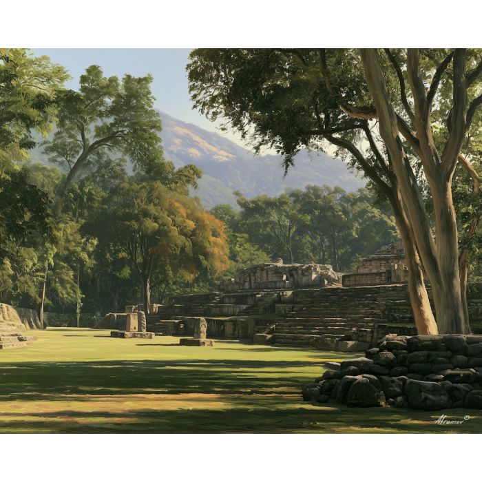 Copan ruins painting, Honduras heritage art, Maya ruins decor, oil painting, Honduran wall art, Central America history painting, archaeological landscape, cultural heritage art, travel wall decor, Honduras scenery