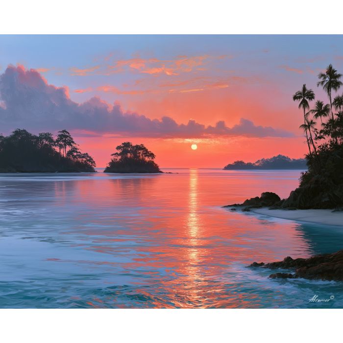 Pearl Islands painting, Panama island art, Panamá sunset decor, oil painting, Pacific seascape, tropical island wall art, Central America travel decor, ocean sunset painting, coastal landscape, Panama wall art
