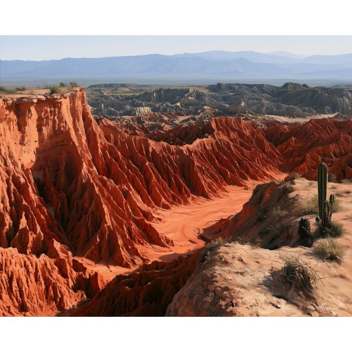 Tatacoa Desert painting, Colombia landscape art, desert wall decor, oil painting, Colombian nature art, South America desert scenery, red earth painting, travel wall art, cactus landscape, Colombia decor