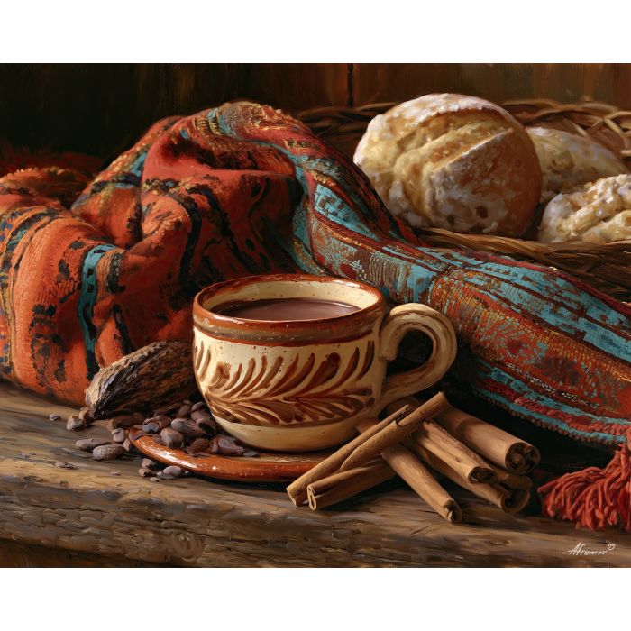 Guatemala chocolate painting, hot chocolate art, Guatemalan food decor, oil painting, cacao still life, Central America kitchen art, cultural food painting, cafe wall decor, traditional drink art, Guatemala wall art