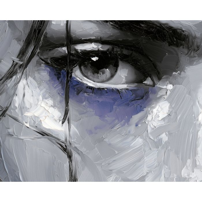 periwinkle eye makeup painting, lower shadow art, monochrome woman portrait, Afremov style oil painting, blue purple makeup decor, palette knife beauty art, salon wall decor, expressive feminine portrait, selective color painting, dreamy makeup art