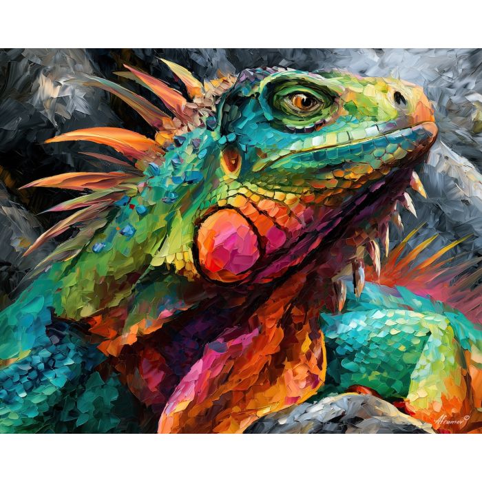 iguana painting, colourful reptile art, Afremov style oil painting, monochrome background wall art, palette knife lizard portrait, vibrant reptile decor, expressive animal painting, exotic wall art, textured oil artwork, modern wildlife decor