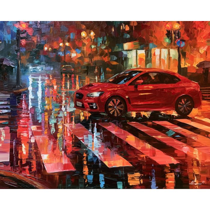 red coupe painting, crosswalk rain art, Afremov style oil painting, colorful automotive decor, wet city street painting, palette knife vehicle art, reflections on pavement, urban car scene, expressive oil car art, rainy night artwork