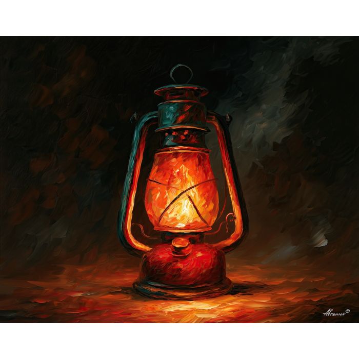 lantern painting, colourful object art, Afremov style oil painting, monochrome background wall decor, palette knife lantern artwork, glowing light painting, expressive oil decor, dramatic still life, vintage lantern art, luminous wall art