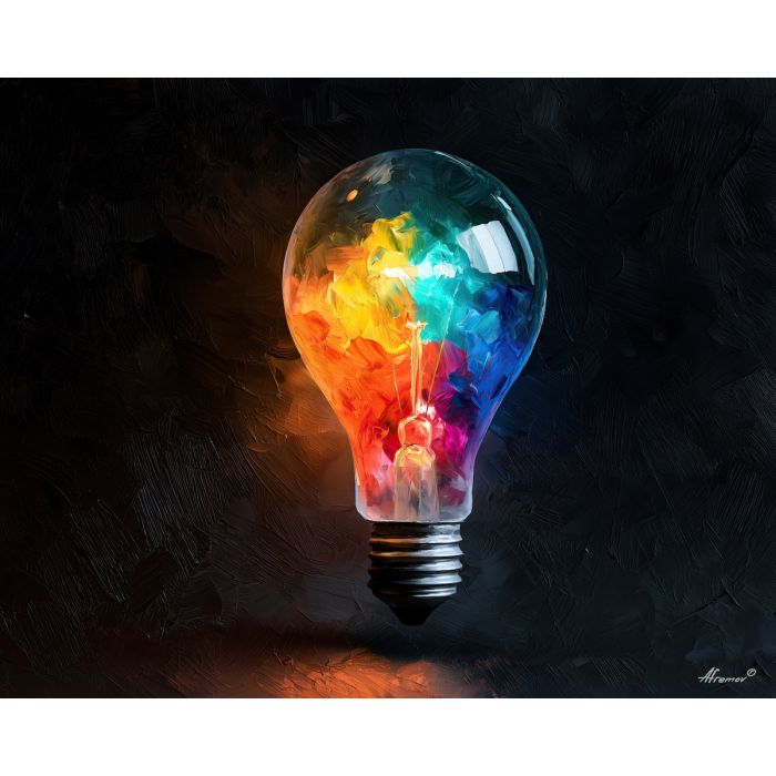 light bulb painting, colourful object art, Afremov style oil painting, monochrome background decor, palette knife light art, creative wall decor, glowing bulb painting, expressive oil artwork, idea-themed art, modern statement decor