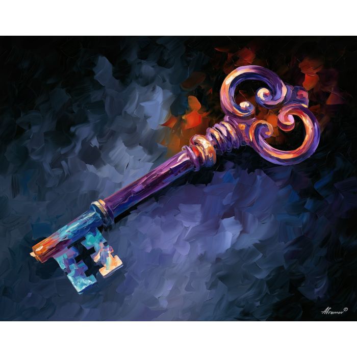 antique key painting, colourful object art, Afremov style oil painting, monochrome background decor, palette knife key artwork, mysterious wall art, violet decor, expressive oil still life, single object painting, vintage symbolic art