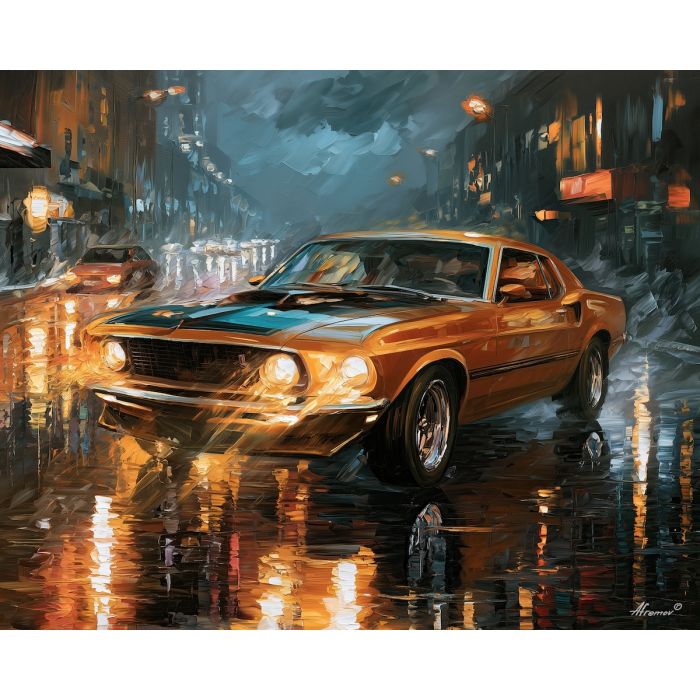 bronze muscle car painting, rainy automotive art, Afremov style oil painting, muscle car wall decor, palette knife vehicle painting, wet street reflections, powerful car artwork, expressive oil auto art, colorful night car scene, urban garage decor