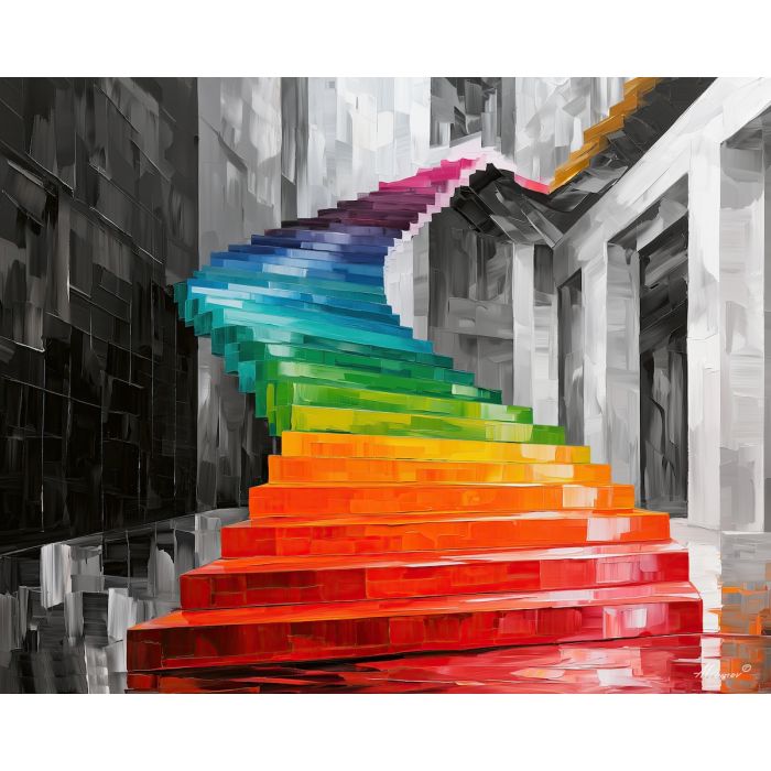 staircase painting, colourful architecture art, Afremov style oil painting, monochrome background decor, palette knife stairs artwork, rainbow wall art, surreal interior painting, expressive oil art, geometric wall decor, single focal point art
