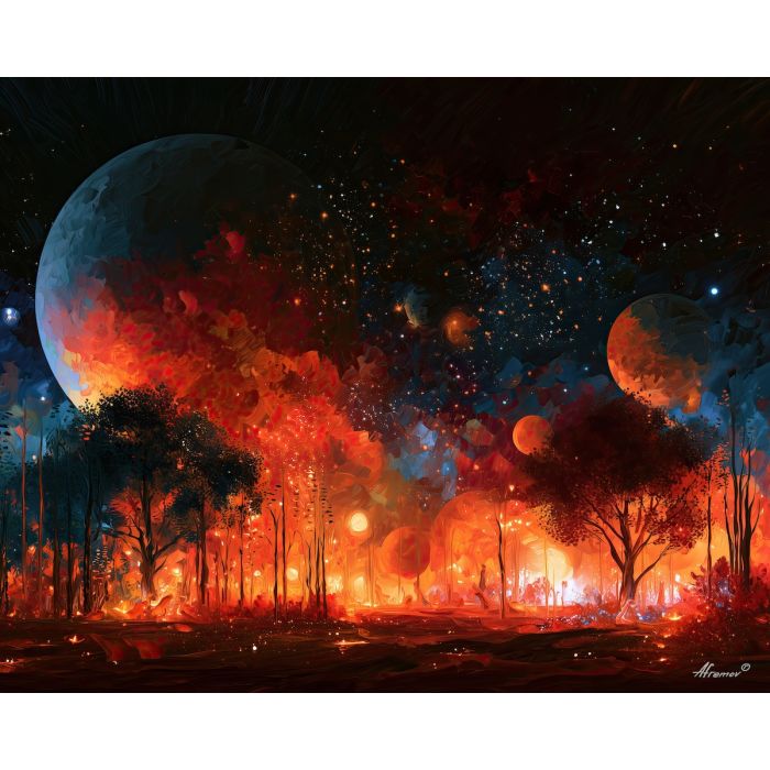lunar orchard, clears velvetsky, lunar orchard clears velvetsky art, celestial wall art, moon garden art, whimsical painting, palette knife art, thick brush strokes, dreamy sky art, glowing decor