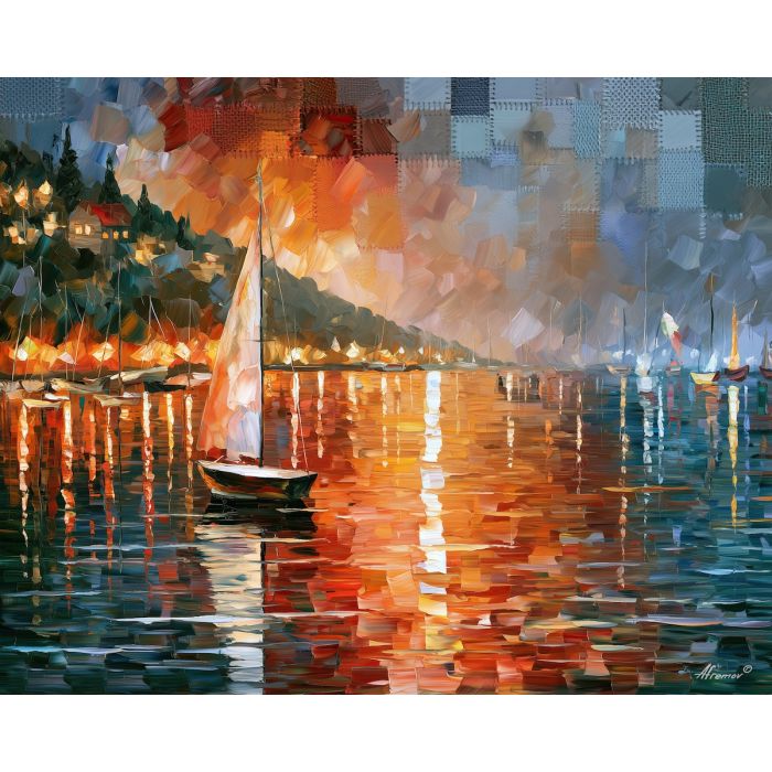 stitched harbor, sparks amberdrift, stitched harbor sparks amberdrift art, stitched landscape, cozy wall decor, soft color art, fiber landscape art, crochet inspired art, patchwork painting, palette knife art